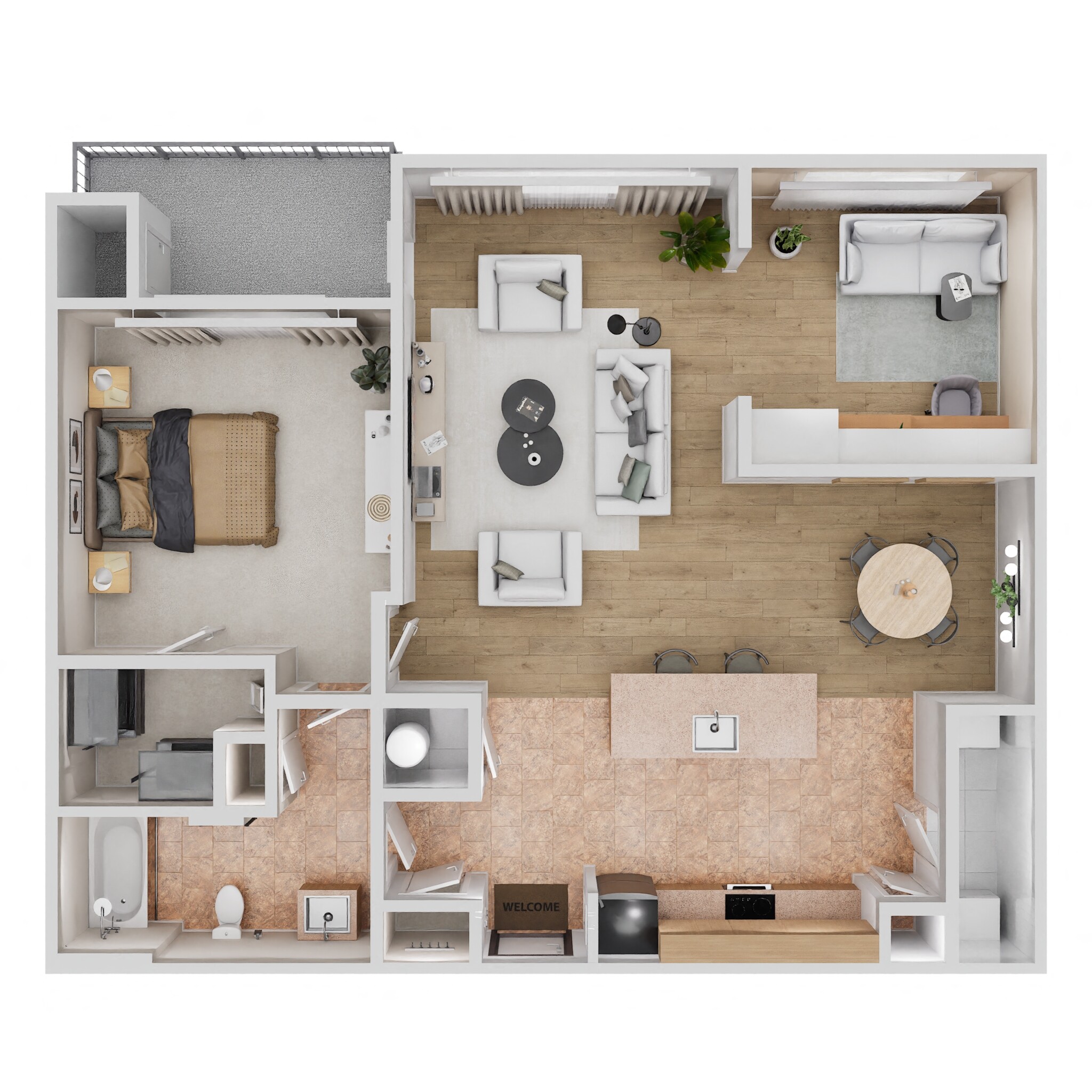 Floor plan for 1 bed, 1 bath, 1008 sqft
